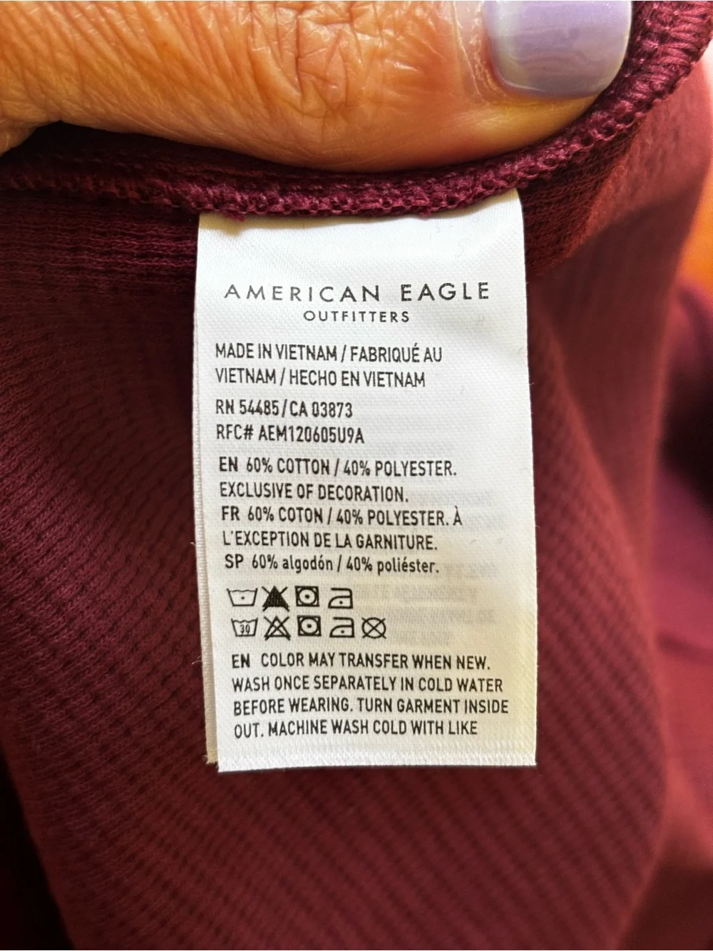 American Eagle Burgundy Thermal Hoodie Waffle Knit Long Sleeve Size Small